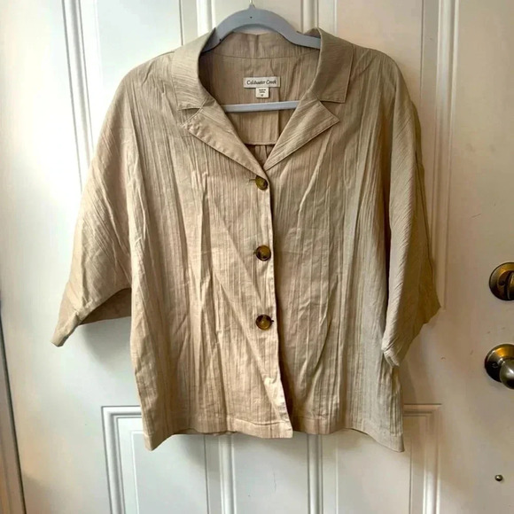 Coldwater Creek Tan Button up Top Women's 12 Textured Blouse - Picture 1 of 4